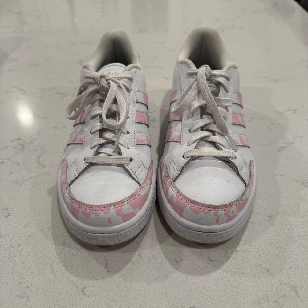 Adidas White Sneakers with Pink Highlights